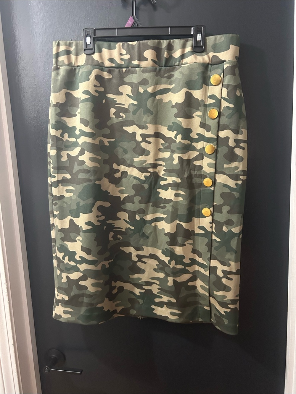 Eloquii Green and Tan Camo Pencil Skirt with Gold Buttons